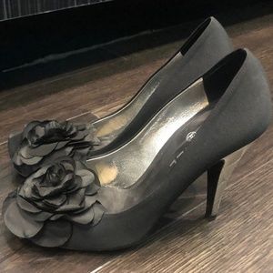 Black Chanel Heels with Flower Detail Sz. 7.5